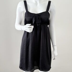 Vintage Y2K Forever 21 Black Satin Babydoll Mini Dress w Bow Detail Coquette